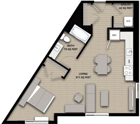 Floor plan for studio, 1 bath, 687 sqft