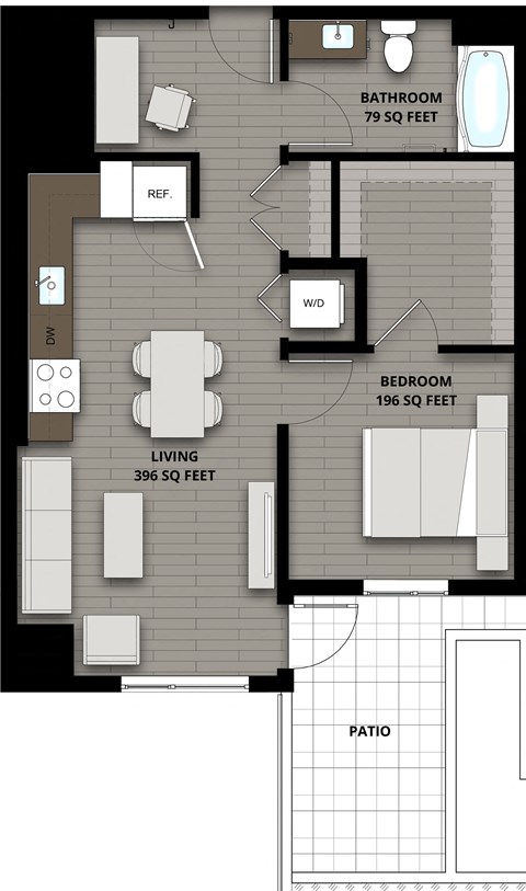 Floor plan for 1 bed, 1 bath, 671 sqft