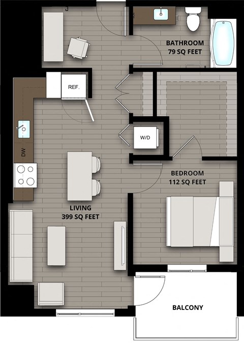 Floor plan for 1 bed, 1 bath, 673 sqft