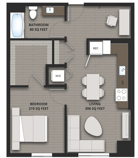 Floor plan for 1 bed, 1 bath, 697 sqft