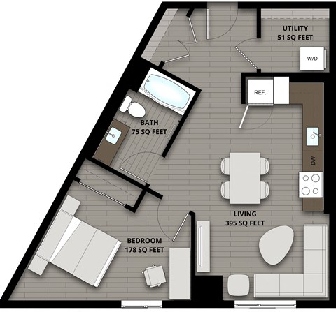 Floor plan for 1 bed, 1 bath, 699 sqft