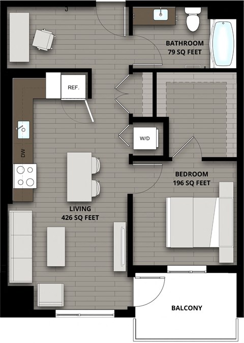 Floor plan for 1 bed, 1 bath, 701 sqft