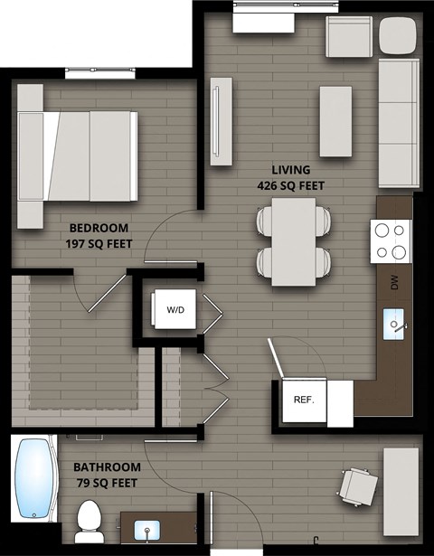 Floor plan for 1 bed, 1 bath, 702 sqft