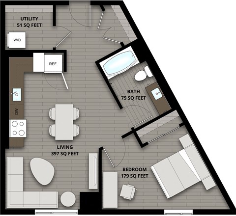 Floor plan for 1 bed, 1 bath, 702 sqft