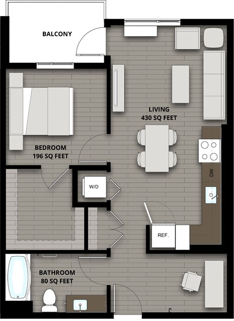 Floor plan for 1 bed, 1 bath, 706 sqft
