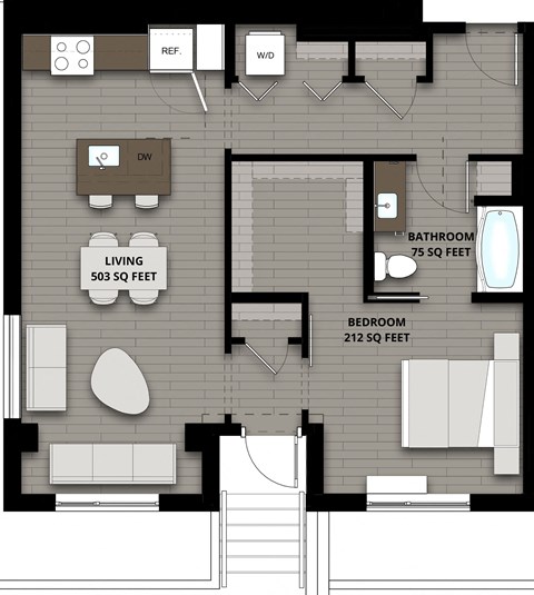 Floor plan for 1 bed, 1 bath, 790 sqft