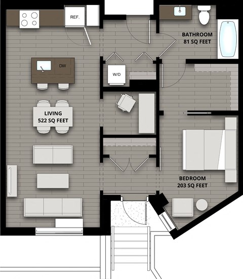 Floor plan for 1 bed, 1 bath, 806 sqft