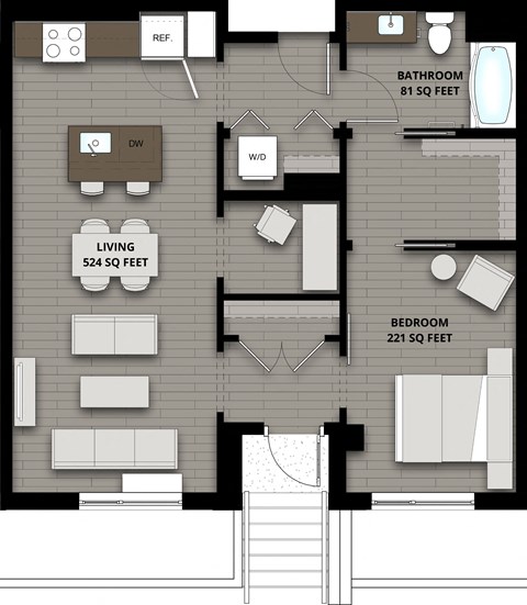 Floor plan for 1 bed, 1 bath, 826 sqft