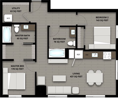 Floor plan for 2 beds, 2 baths, 956 sqft