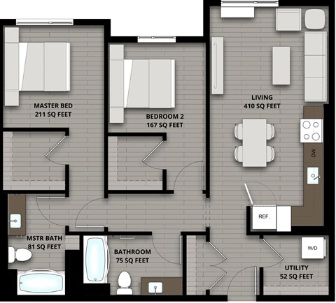 Floor plan for 2 beds, 2 baths, 996 sqft