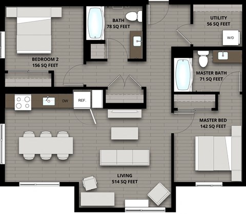 Floor plan for 2 beds, 2 baths, 1017 sqft