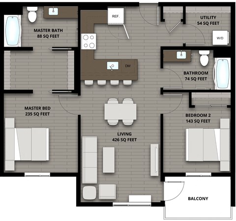 Floor plan for 2 beds, 2 baths, 1020 sqft