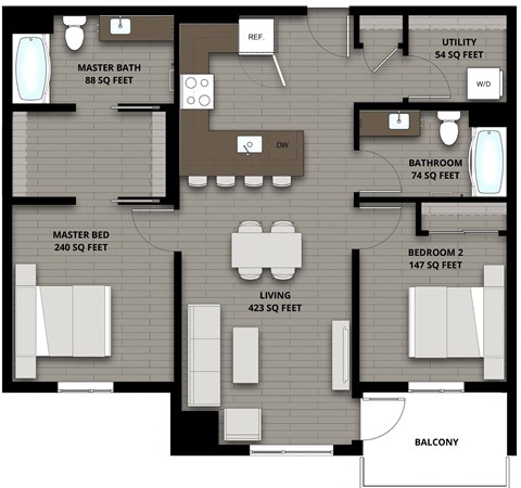 Floor plan for 2 beds, 2 baths, 1026 sqft