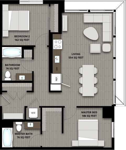 Floor plan for 2 beds, 2 baths, 1054 sqft