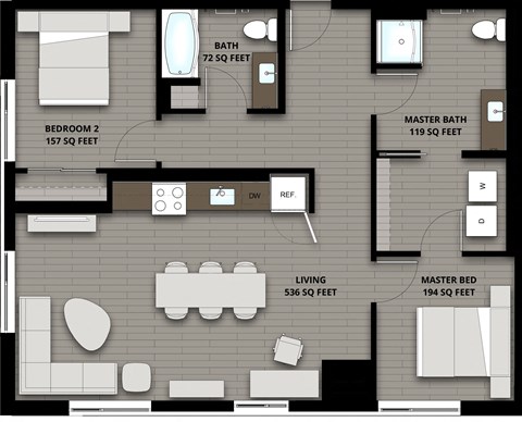 Floor plan for 2 beds, 2 baths, 1078 sqft