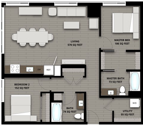 Floor plan for 2 beds, 2 baths, 1110 sqft