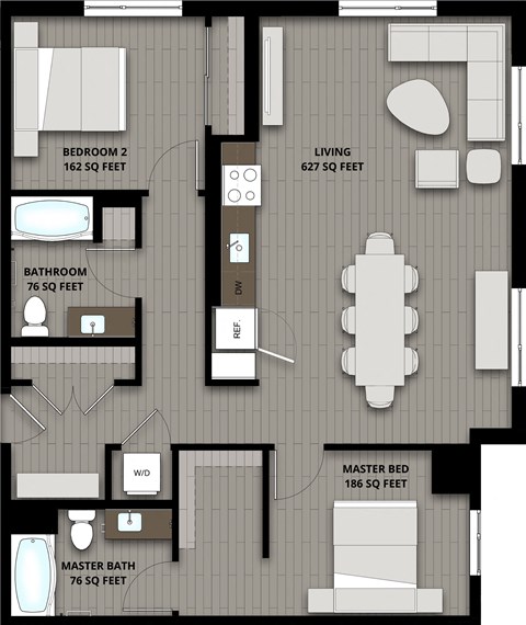 Floor plan for 2 beds, 2 baths, 1127 sqft