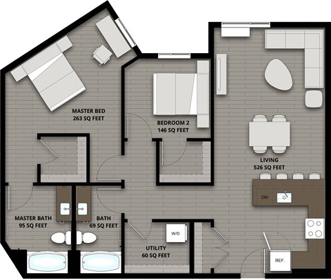 Floor plan for 2 beds, 2 baths, 1159 sqft