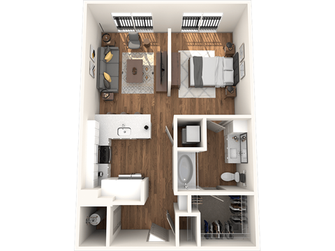 Floor plan for studio, 1 bath, 663 sqft