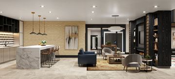 Spring apartment for rent - A modern living room with a bar area and a large painting on the wall.
