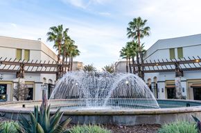 Chula Vista townhouse for rent - A fountain in the middle of a pool surrounded by palm trees.