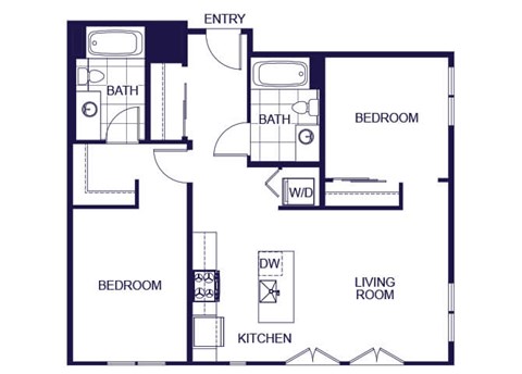 Floor plan for 2 beds, 2 baths, 842 sqft