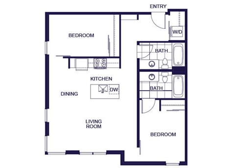 Floor plan for 2 beds, 2 baths, 867 sqft
