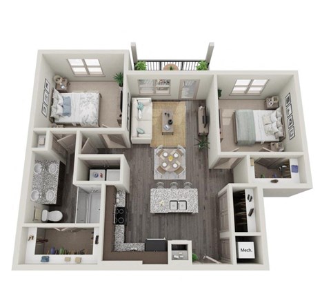 Floor plan for 2 beds, 1 bath, 965 sqft