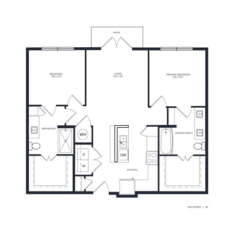 Floor plan for 2 beds, 2 baths, 994 sqft