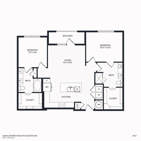 Floor plan for 2 beds, 2 baths, 1151 sqft
