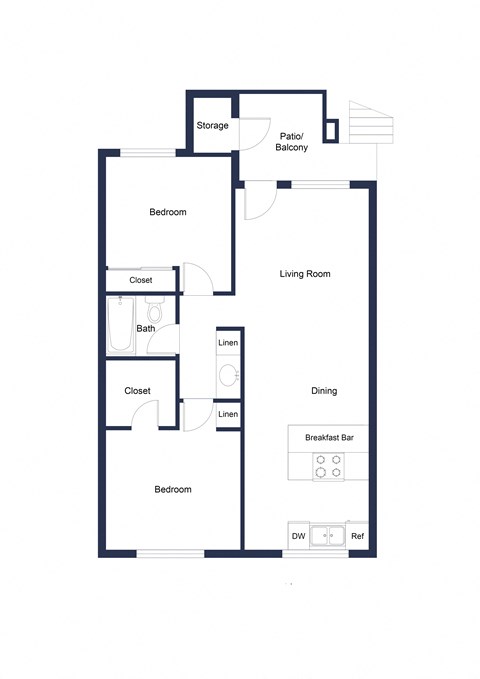 Floor plan for 2 beds, 1 bath, 828 sqft