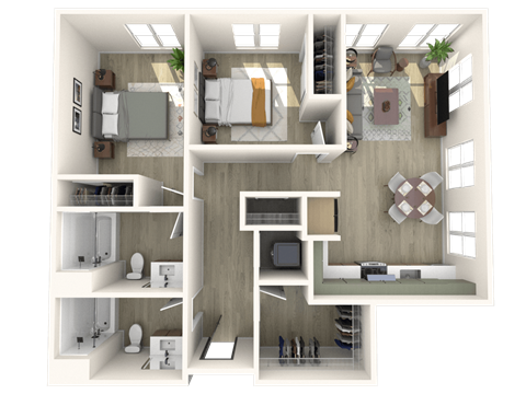 Floor plan for 2 beds, 2 baths, 936 sqft