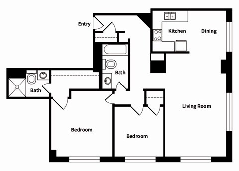 Floor plan for 2 beds, 2 baths, 910 sqft