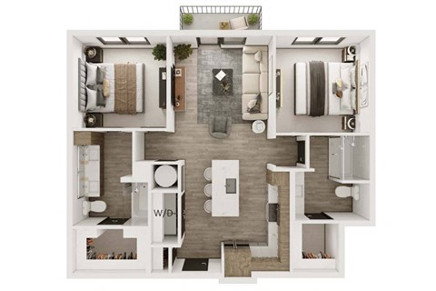 Floor plan for 2 beds, 2 baths, 979 sqft