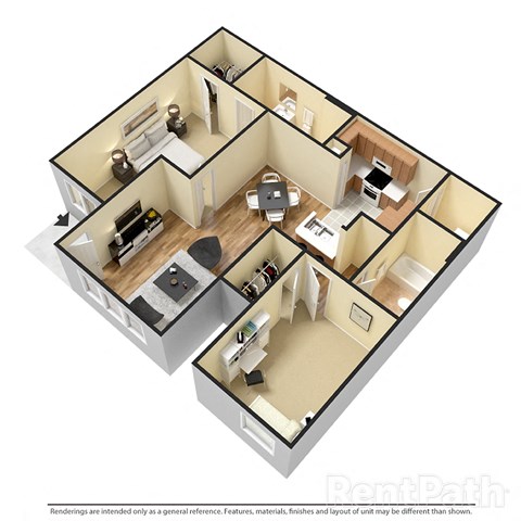 Floor plan for 2 beds, 2 baths, 1073 sqft