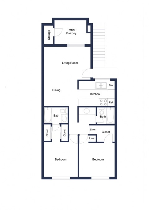 Floor plan for 2 beds, 2 baths, 864 sqft