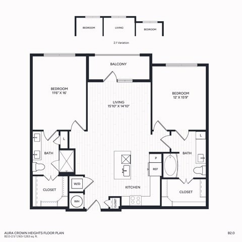 Floor plan for 2 beds, 2 baths, 1163 sqft
