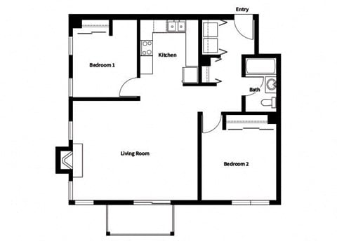 Floor plan for 2 beds, 1 bath, 910 sqft