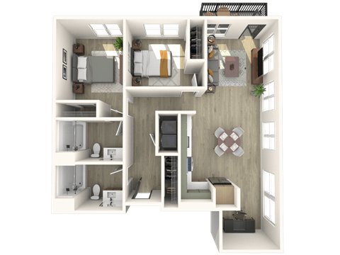 Floor plan for 2 beds, 2 baths, 1044 sqft