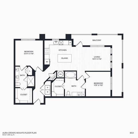 Floor plan for 2 beds, 2 baths, 1185 sqft