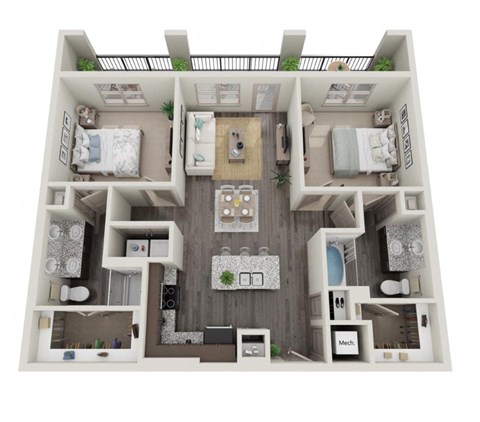 Floor plan for 2 beds, 2 baths, 1077 sqft