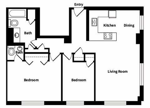 Floor plan for 2 beds, 1.5 baths, 940 sqft