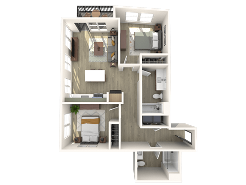 Floor plan for 2 beds, 2 baths, 939 sqft
