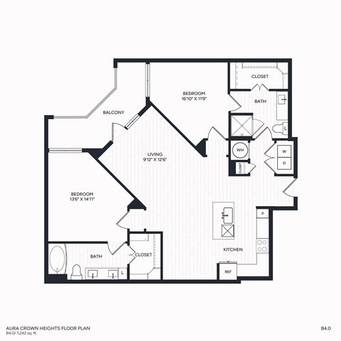 Floor plan for 2 beds, 2 baths, 1242 sqft