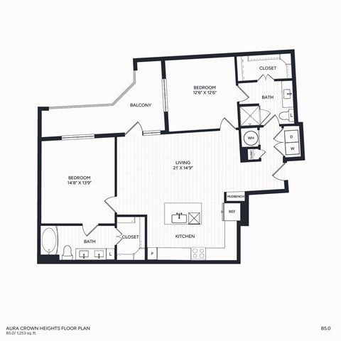 Floor plan for 2 beds, 2 baths, 1253 sqft
