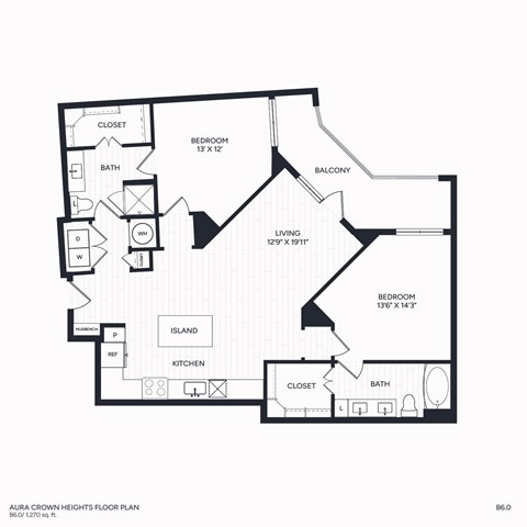 Floor plan for 2 beds, 2 baths, 1270 sqft