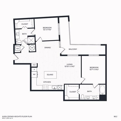 Floor plan for 2 beds, 2 baths, 1285 sqft
