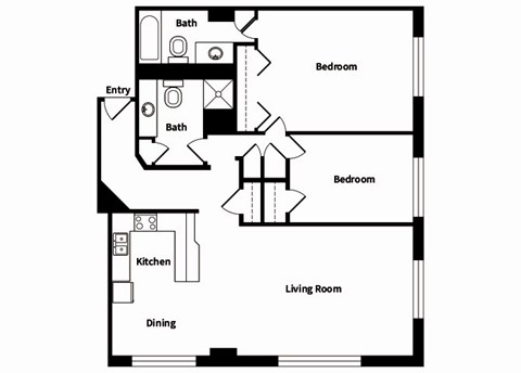 Floor plan for 2 beds, 2 baths, 1020 sqft