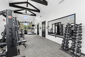 Richland apartment for rent - A gym with a variety of equipment including a leg press machine and a dumbbell rack.