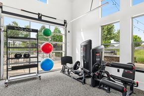 Richland apartment for rent - A gym with a variety of equipment including a weight rack, a rowing machine, and a stationary bike.